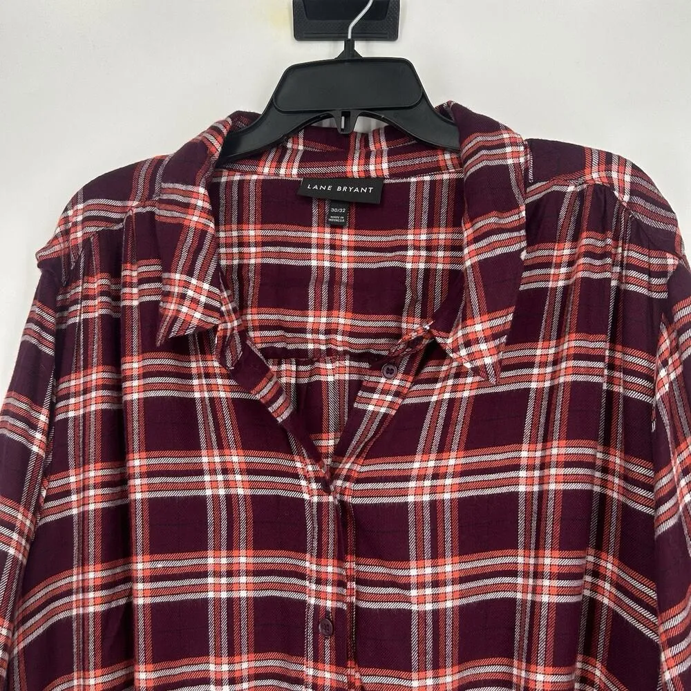 Lane Bryant No Peek Plaid Button Up Shirt Elastic Waist Maroon Size 30/32 - Image 3