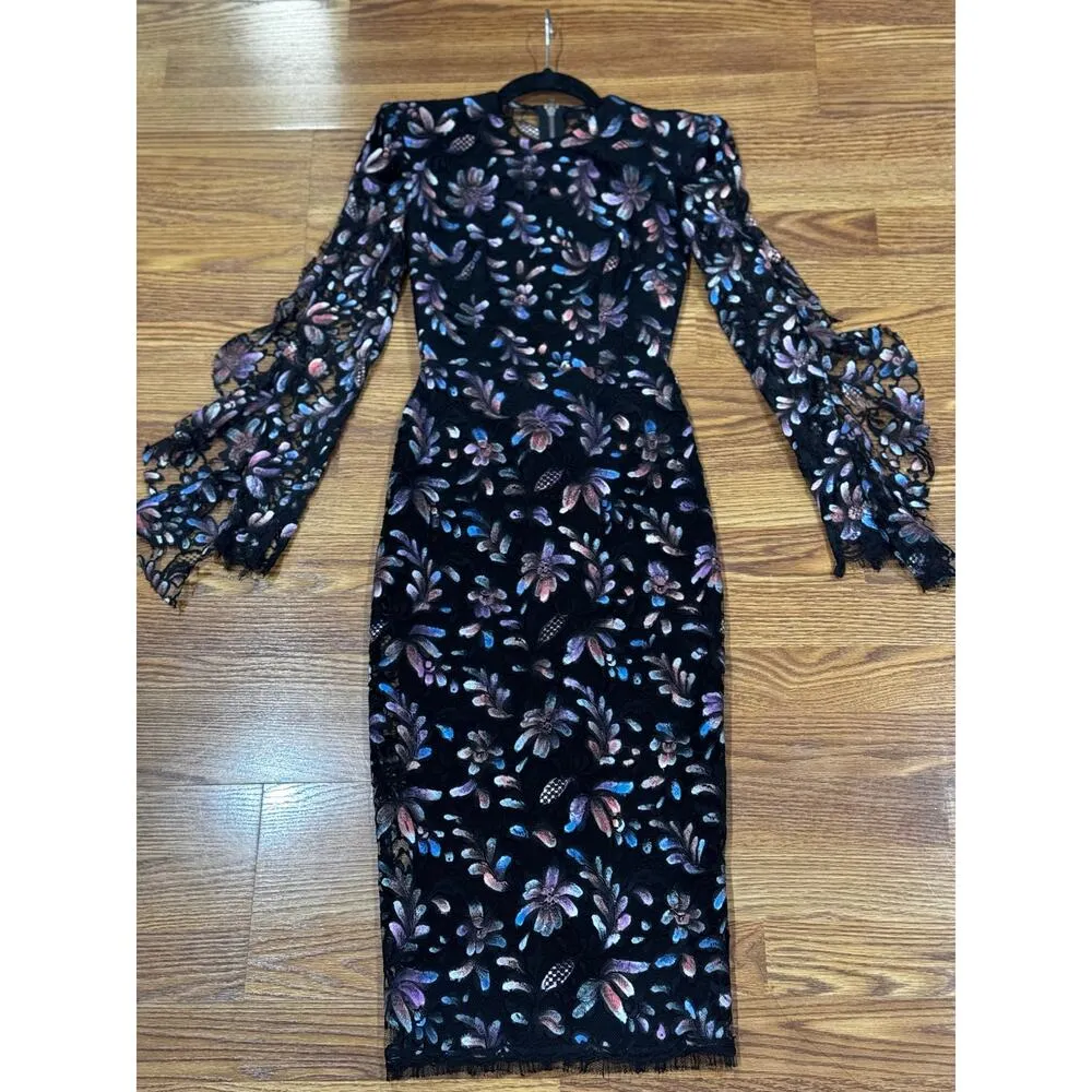 ALEX PERRY LIBERTY PAINTED FRENCH FLORAL LACE DRESS size 4 Black - Image 14