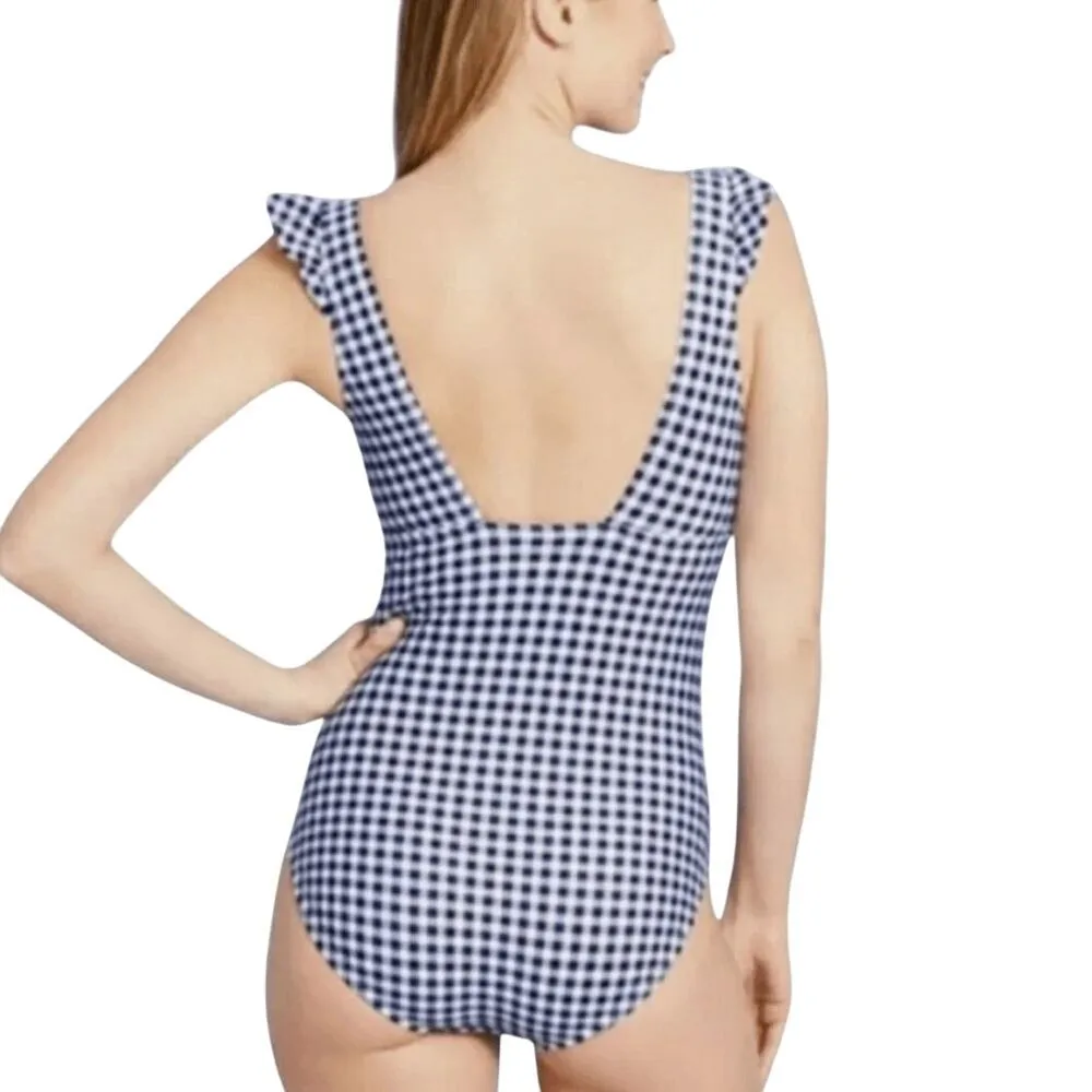 Kona Sol Navy Blue Gingham Checkered One Piece Swimsuit Ruffle Sleeve Small - Image 3