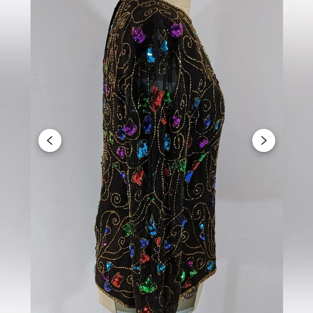 Stenay Sequin Beaded Embellished Colorful Swirly Long Sleeve Blouse Black Size M - Image 4
