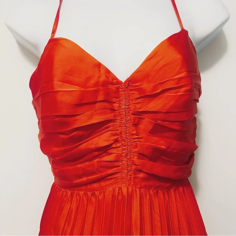 Adelyn Rae Pleated Skirt Ruched Bodice Satin Midi Dress Orange Small NWT - Image 3