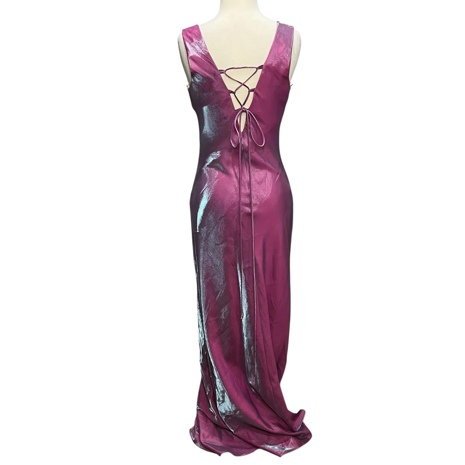 Y2K Lets Fashion Beaded Maxi Dress M Pink Shimmer Lace Up Prom Evening Mermaid Size M - Image 6