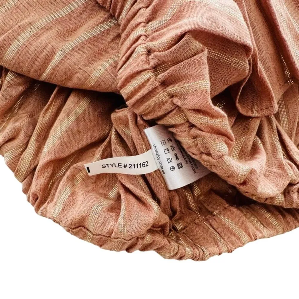 Shona Joy Crop Top Off Shoulder Size 8 Ruffle Smocked Tan Gold Stripe - Image 4