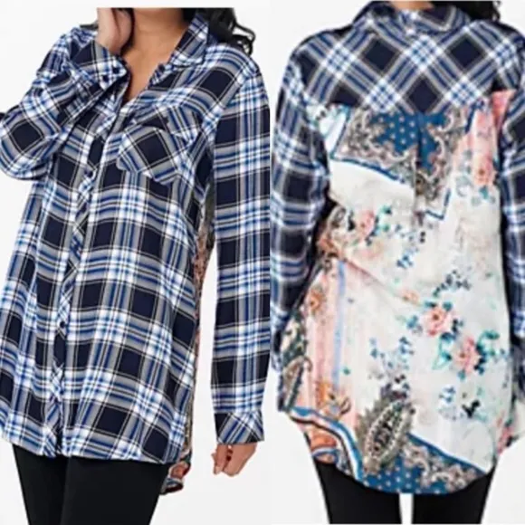 Tolani Collection Plaid Floral Paisley Tab Sleeve Button Down Tunic: Blue - Image 2