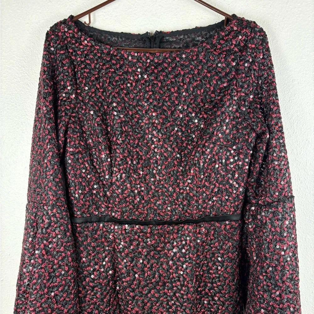 Carmen Marc Valvo‎ Infusion 6 Red Black Sequin Lace Bell Sleeve Dress NWT - Image 6