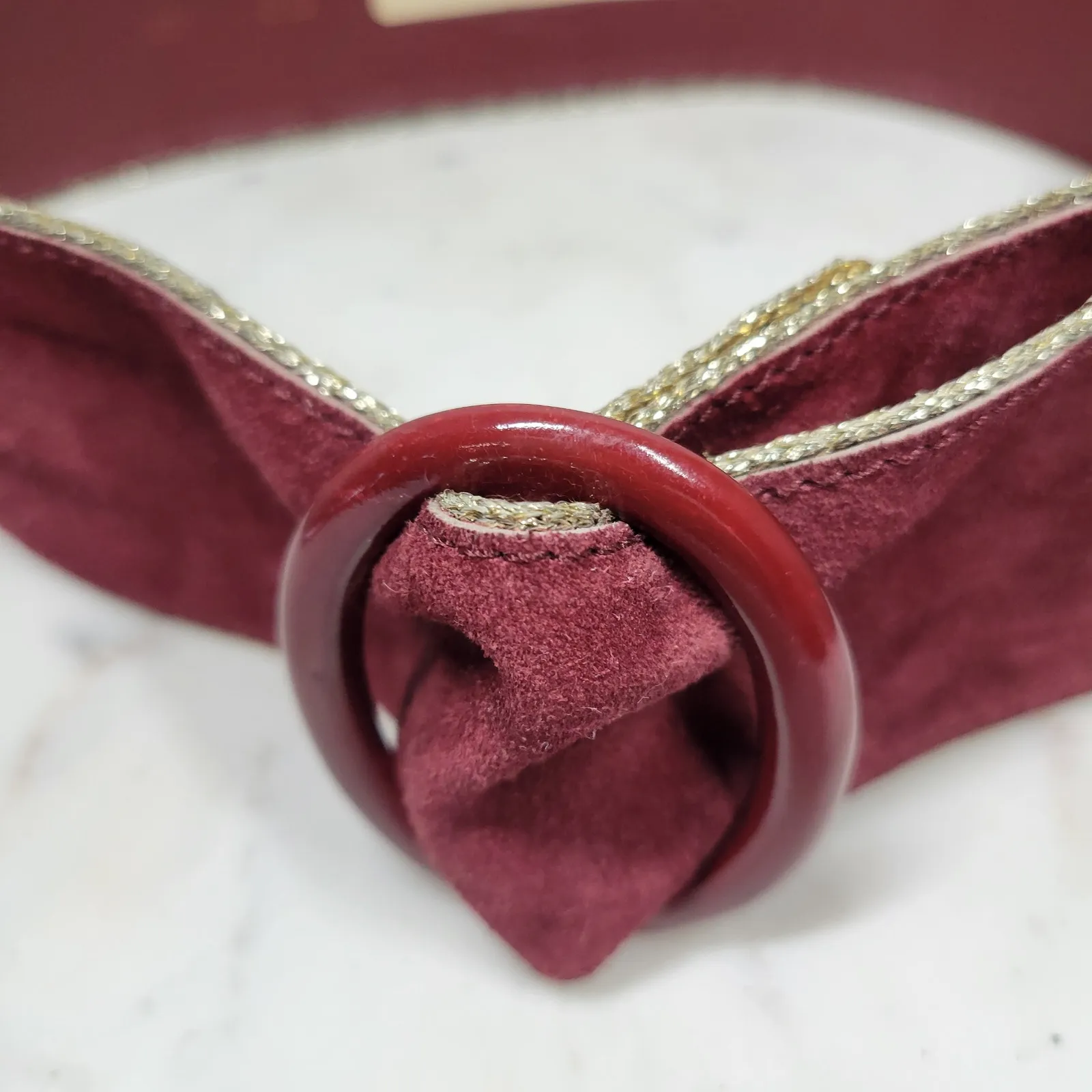 VTG Yves Saint Laurent Suede Belt 75/30 Burgundy Red Bakelite Buckle Gold Trim - Image 8
