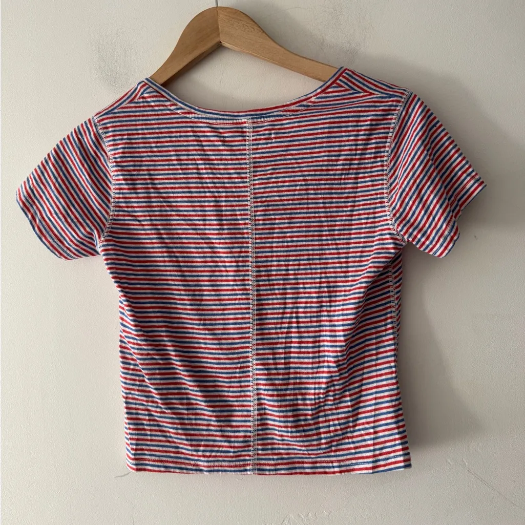 American Eagle Red White and Blue Stripe Front Knot Cropped Tee - Image 3