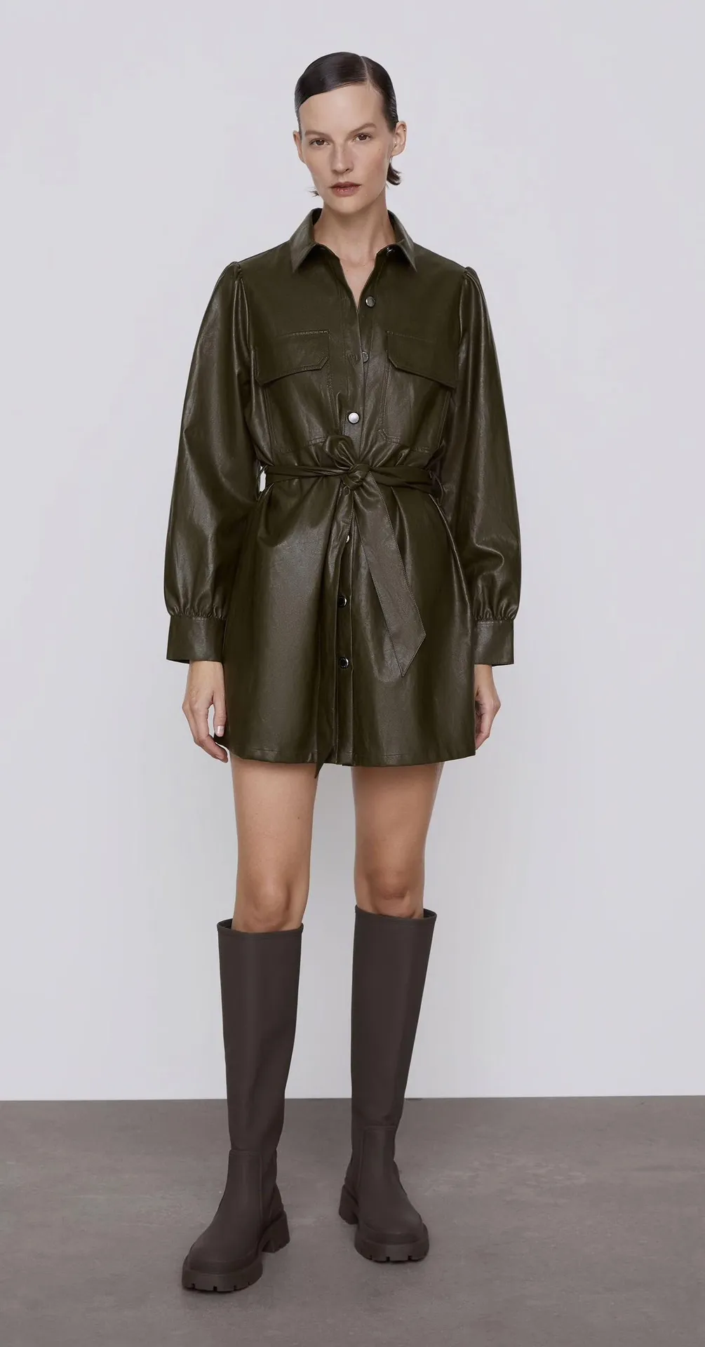 Khaki Faux Leather Button Down Mini Dress - Image 3
