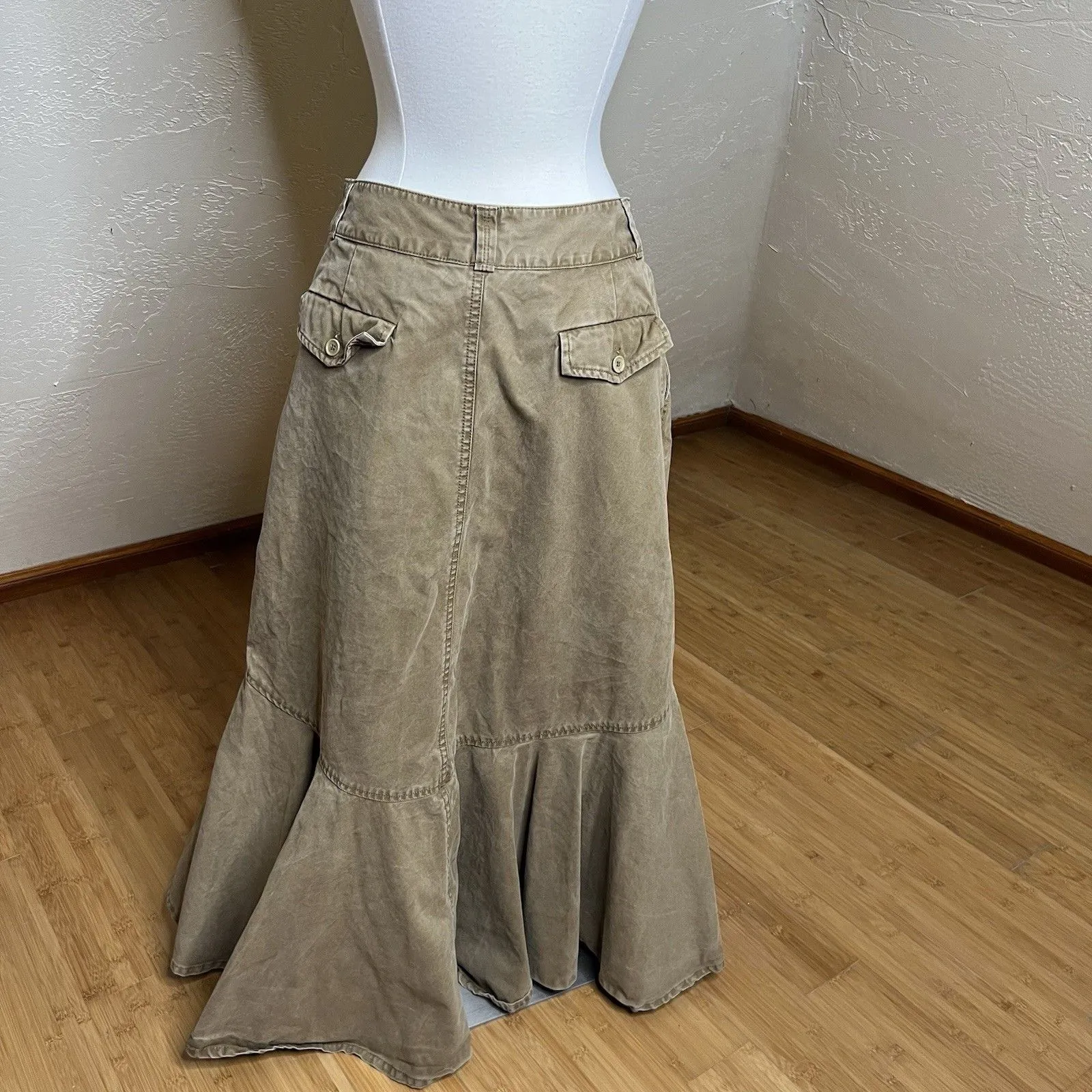 Sundance Midi Skirt Womens 4 Khaki Canvas Cotton Ruffle Fishtail Hi Low Y2K Brown - Image 9