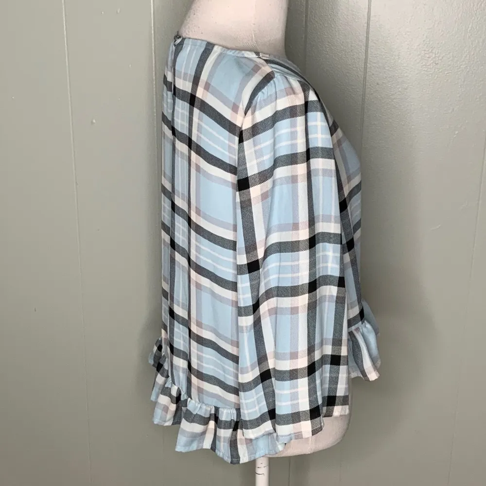 Gianni Bini Blue Plaid Crop Top Wide Sleeves Ruffle Hem Dainty Blouse S - Image 8