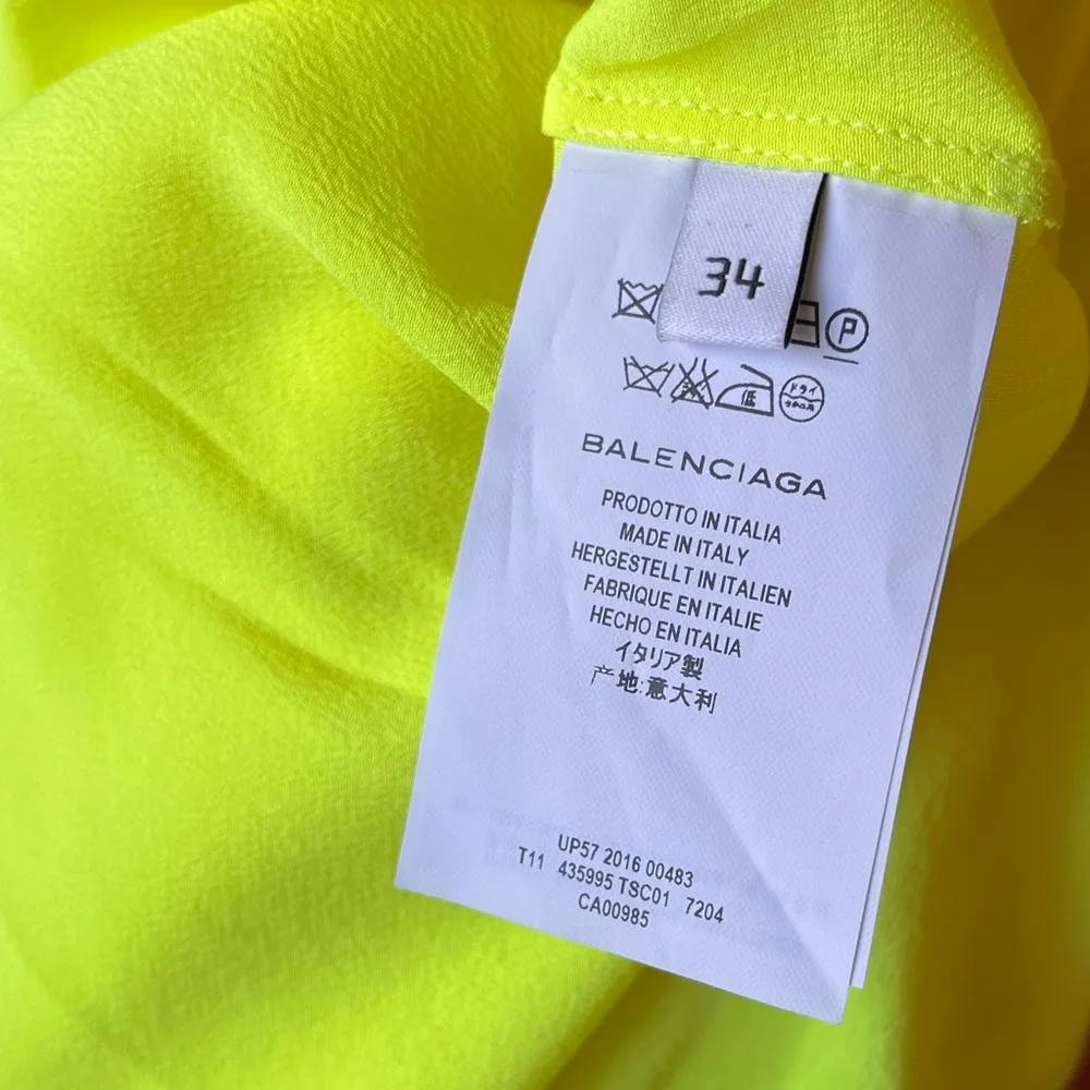 Balenciaga 100% silk asymmetrical triangle-hem split-sleeve chartreuse blouse - Image 4