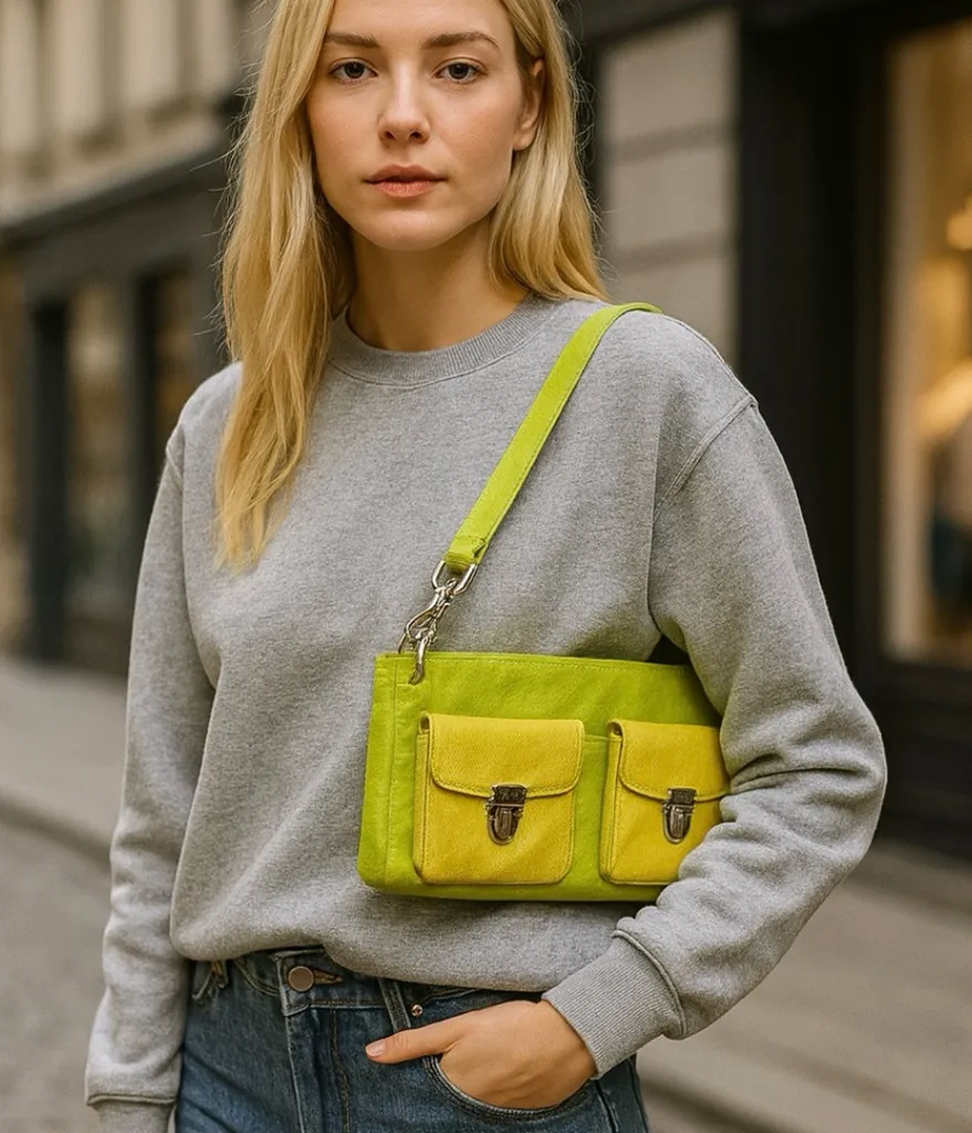 Lumiani Neon Green & Yellow Leather Bag / Made in a Italy - Image 2