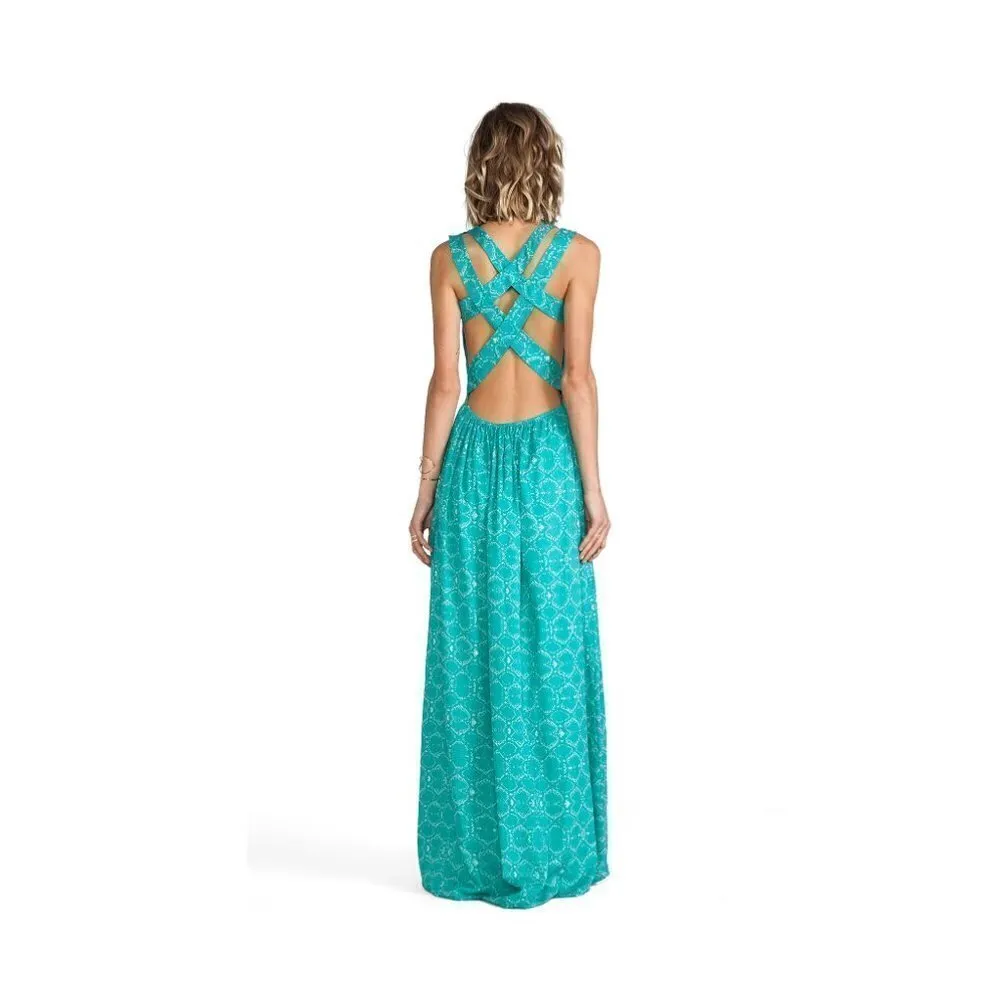 Lovers + Friends Maxi Dress S Kitty Cat Strappy Back Viper Printed Teal Blue - Image 9