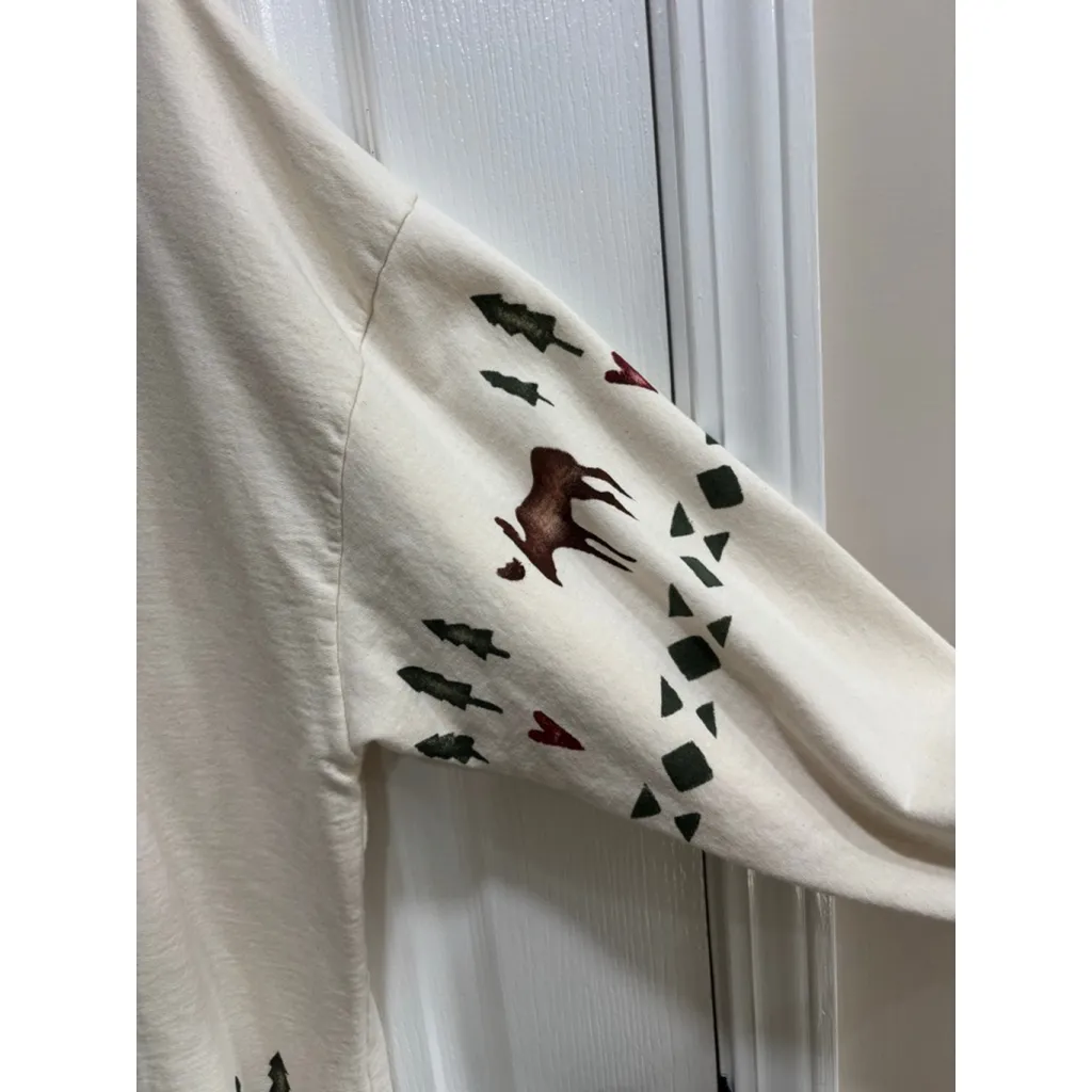 DESIGNS BY CAT Vintage Long Sleeve V Neck Top with Moose Prints & Hearts, Large Brown - Image 5