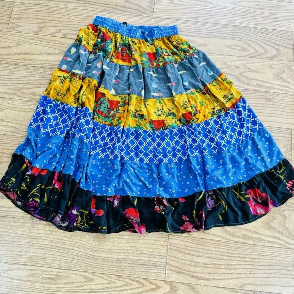 SACRED THREADS boho funky hippie patch rayon maxi tiered SKIRT OS - Image 2