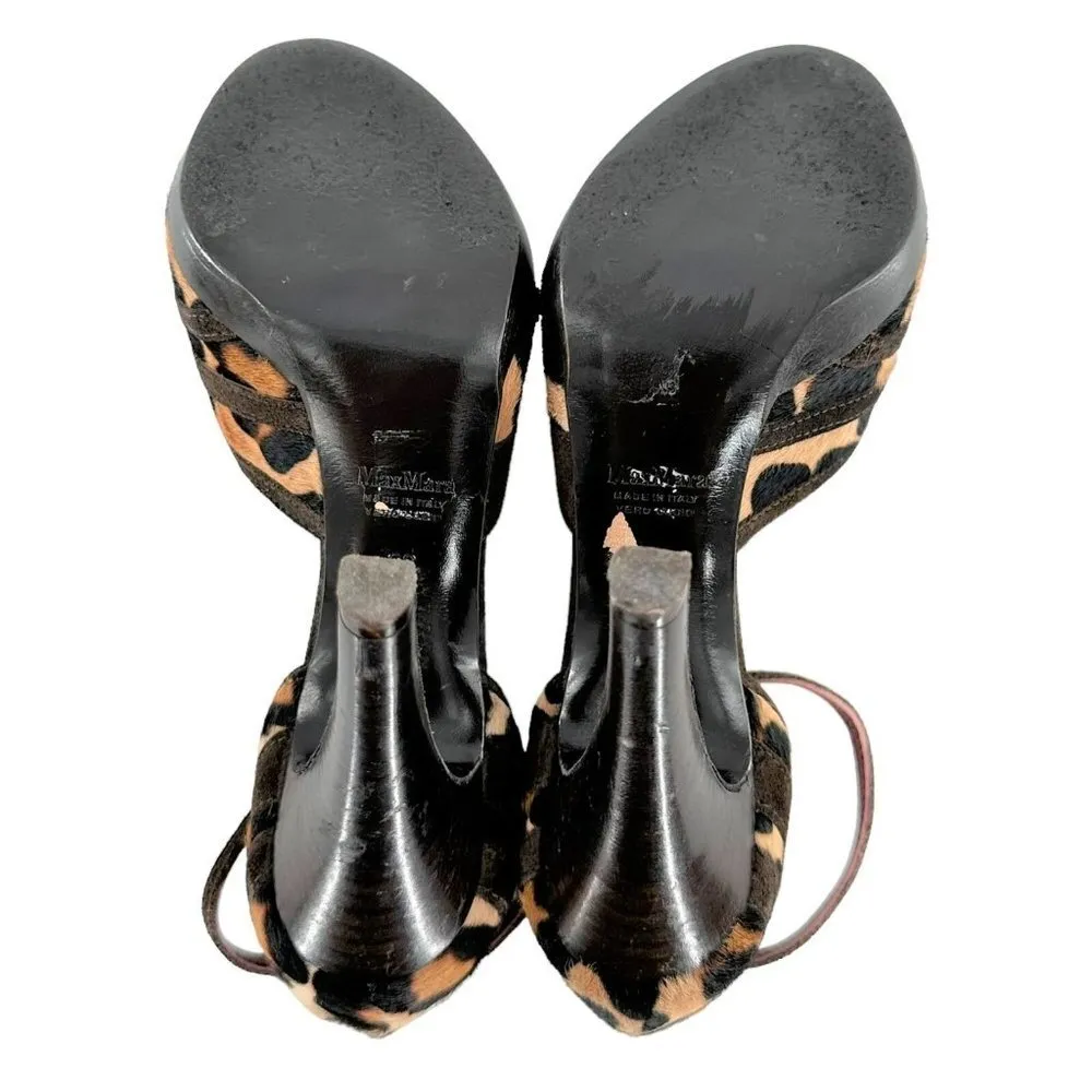 Max Mara Leopard Print Calf Hair & Suede Peep Toe Ankle Strap Heels Size 36/6 - Image 8