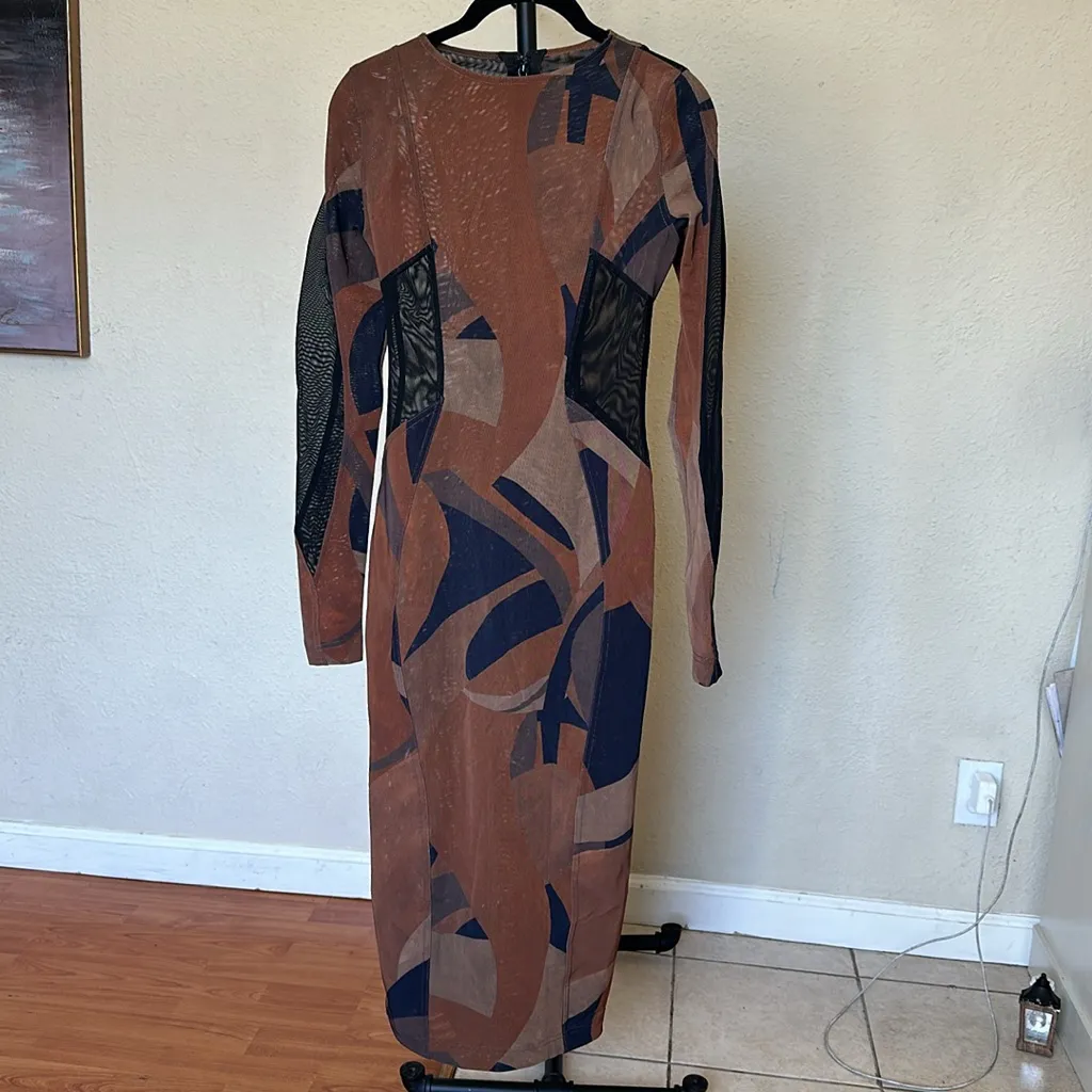 House of CB 'Cassidy' Brown Mesh Printed Long Sleeve Midi Dress NWOT size‎ S - Image 11