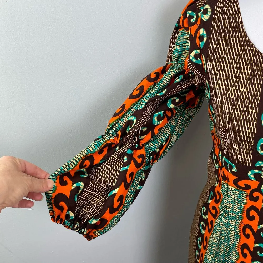 Handmade Dutch Wax Vlisco Retro One Shoulder Sheath Mini Dress One of a Kind Brown - Image 3