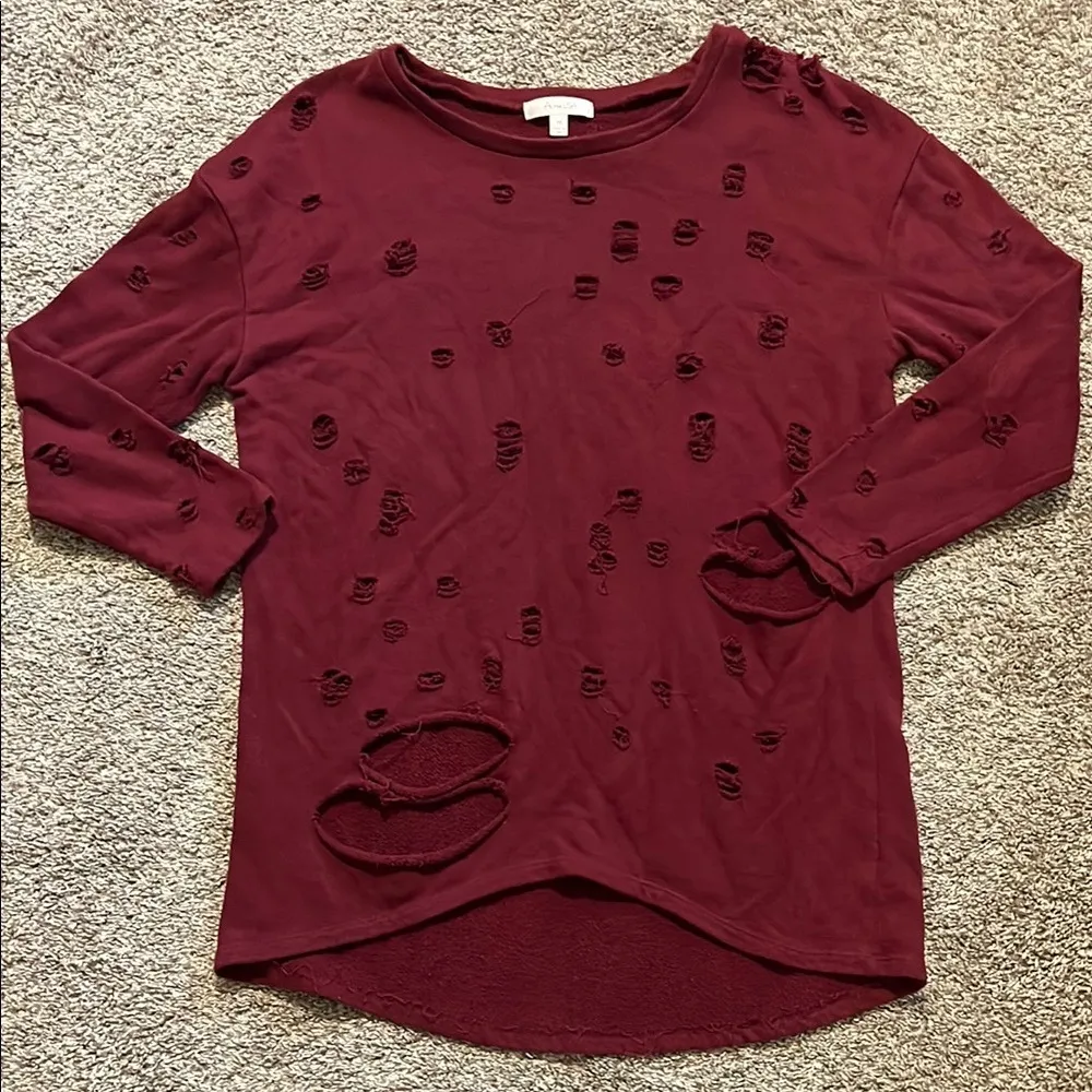 ActiveUSA Women’s Distressed‎ Grunge Burgundy Oversized Sweater Medium - Image 3
