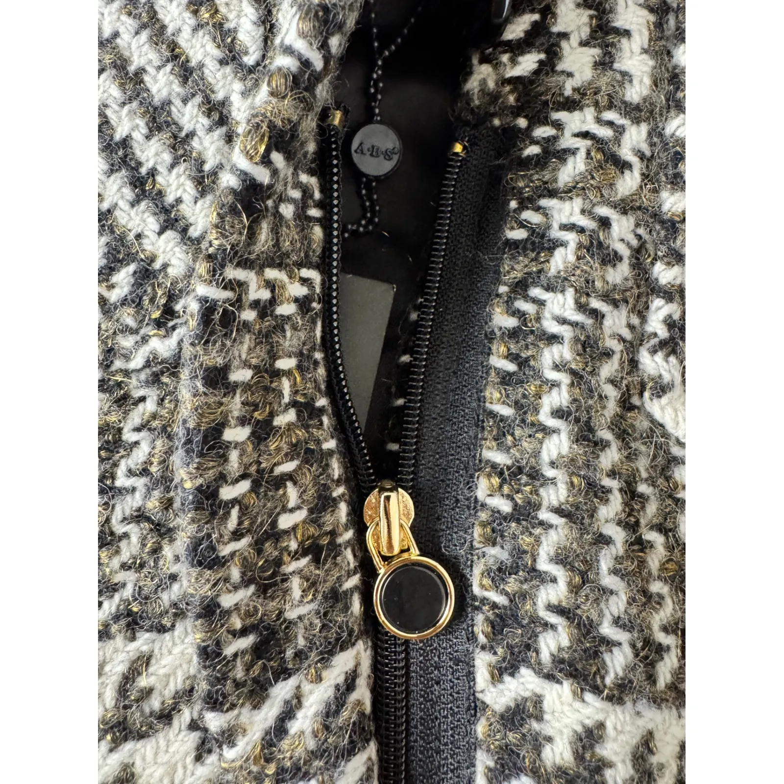 ABS Collection Women's Houndstooth Wool Blend Coat with Fox Fur Hood Size 10 Black - Image 8