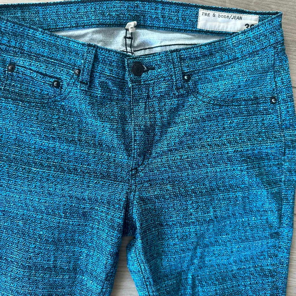 Rag & Bone Skinny Jeans Turquoise Blue and Black Tweed Print Stretchy size 30 - Image 3