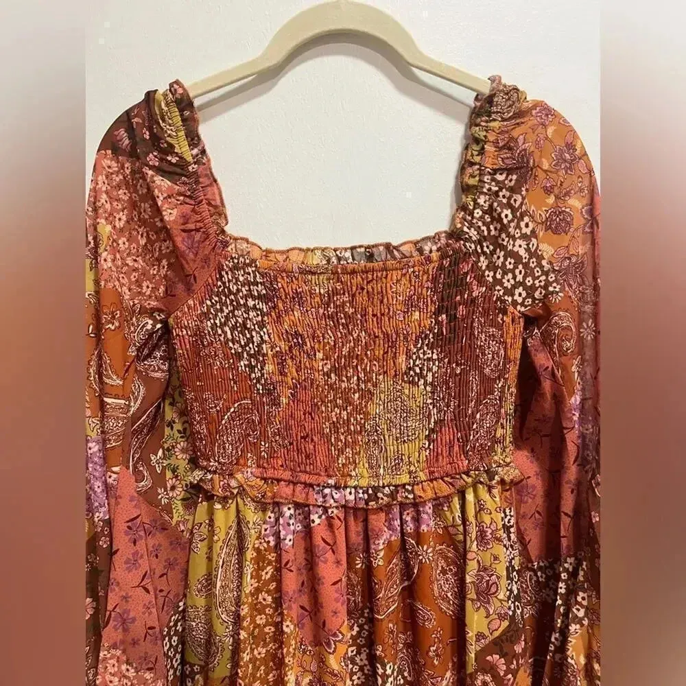 AURA maxi dress patchwork boho rust long sleeves smocked paisley stretchy - Image 3