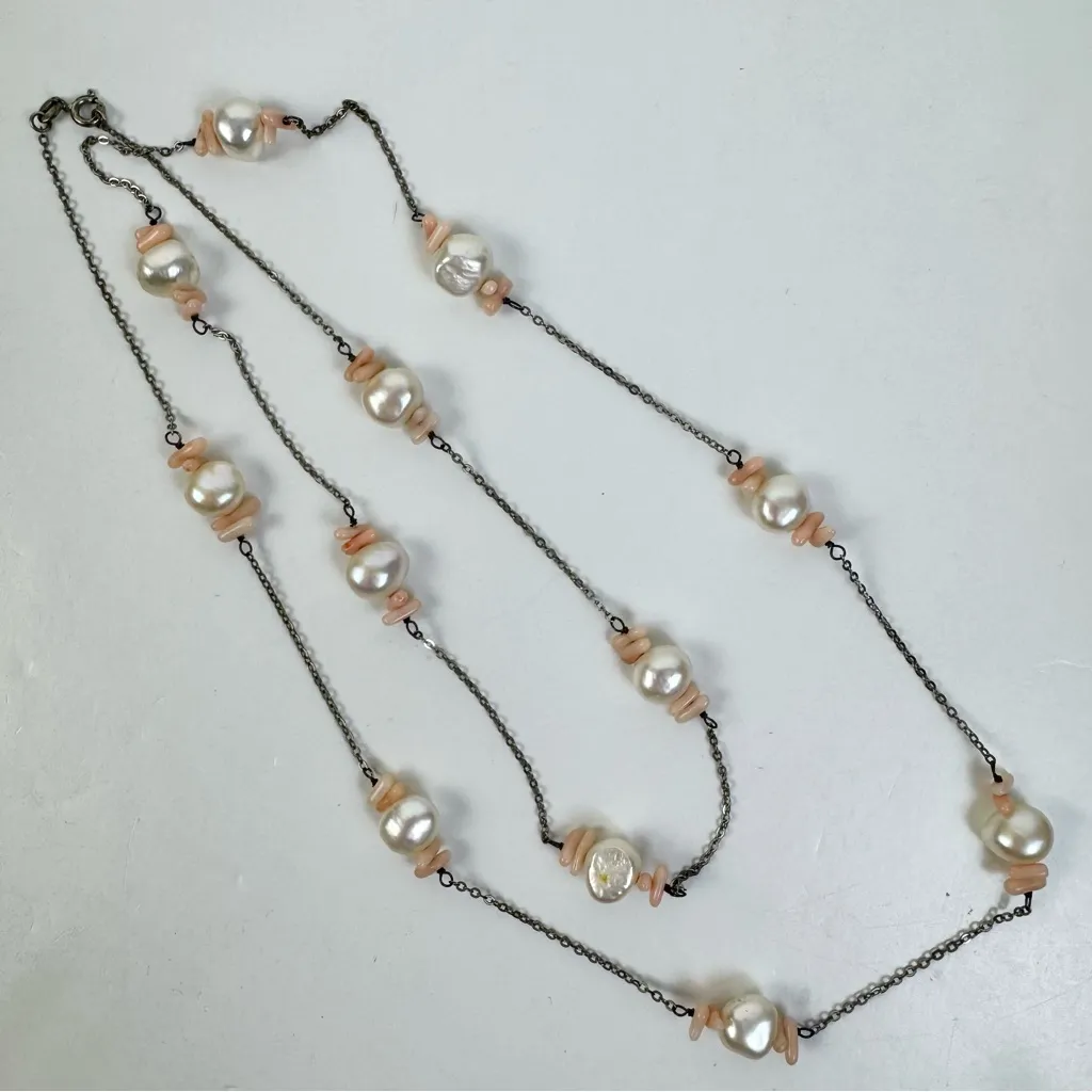 Sterling Silver Freshwater Pearl Angel Skin Coral Long Layering Necklace - Image 1