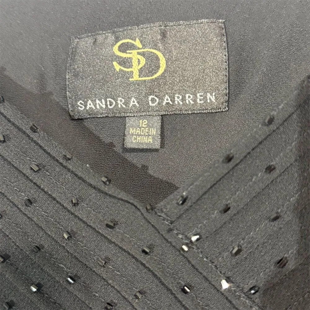 Sandra Darren Women’s Black Evening Midi Dress 12 Beaded Flutter Sleeve Chiffon - Image 7