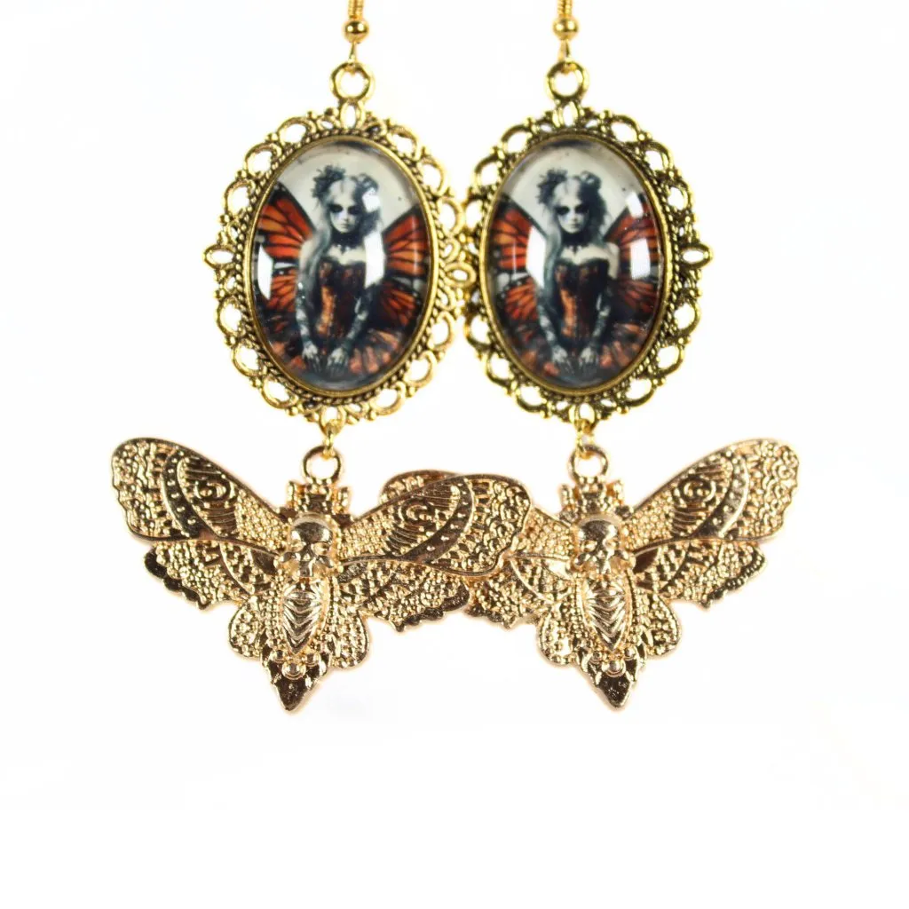 Gothic "Sunset Ember" Gothic Butterfly Fairy Earrings with Gold Moth Charms - Image 2
