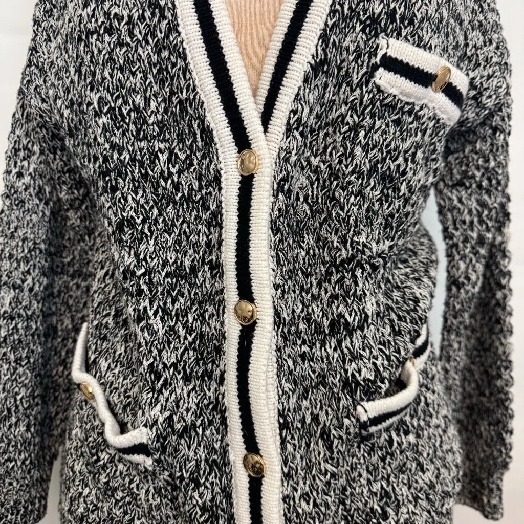Anthropologie Maeve Tweed Boyfriend Cardigan Button Up Black & White Large - Image 3