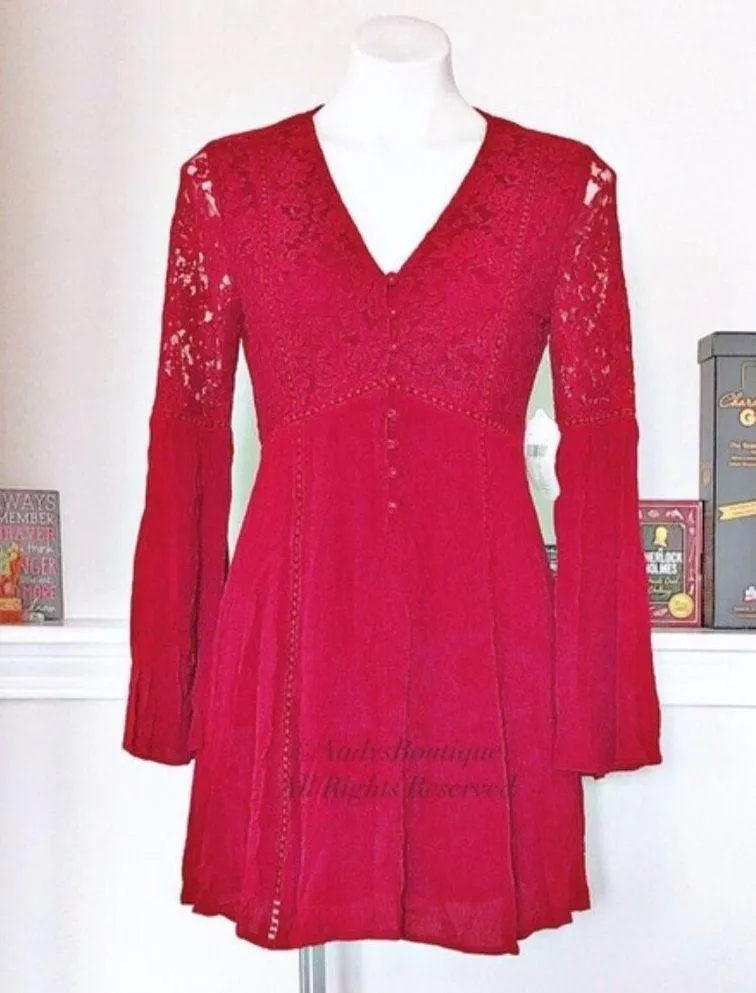 Altar'd State Mini Dress Cotton Lace Button Front Burgundy Size S MSRP $79.95 - Image 2