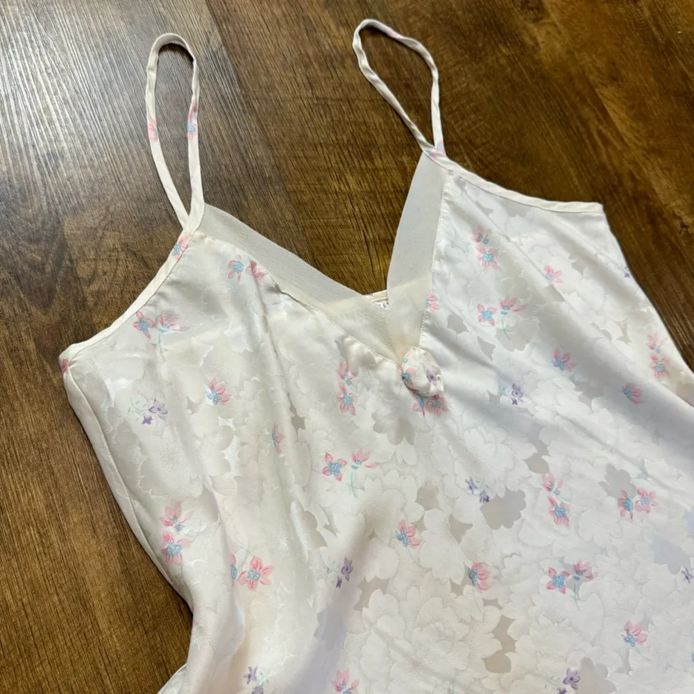 Valerie Stevens Vtg  Pure Silk Cami Tank Top Sz Large White Floral Babydoll - Image 4