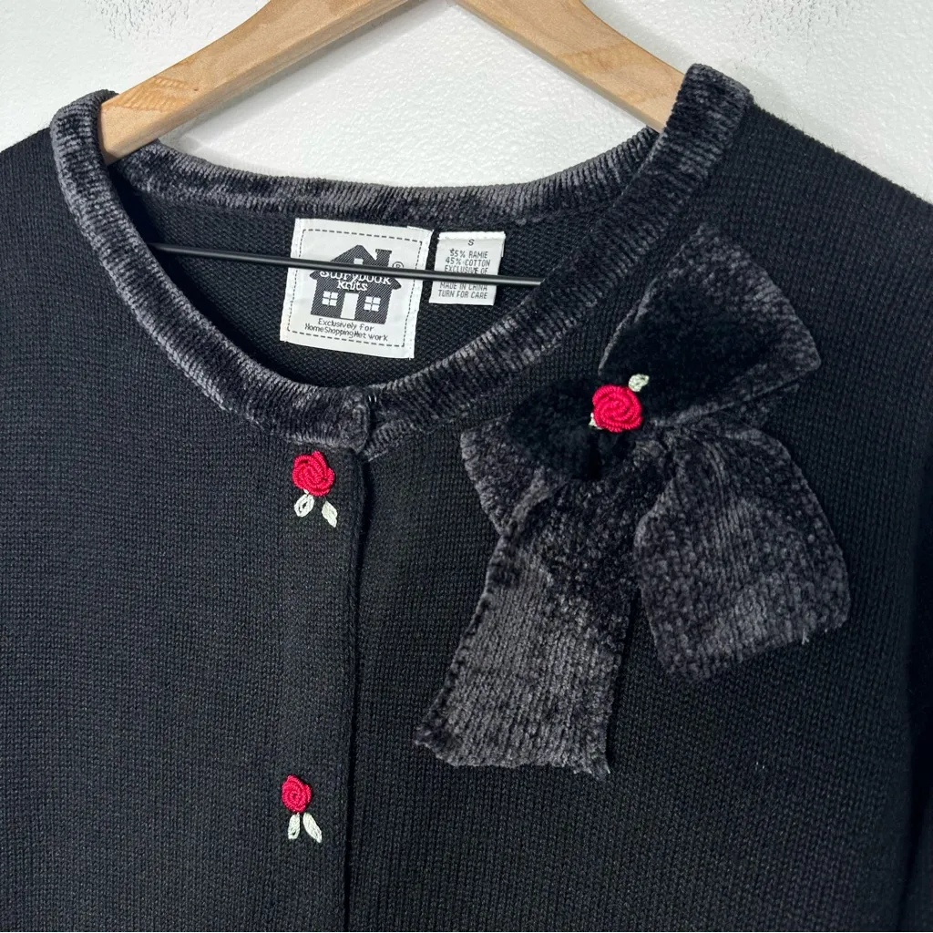 Storybook Knits Vintage Knit Cardigan Sweater Sz S Embroidered Roses Black Gma - Image 4
