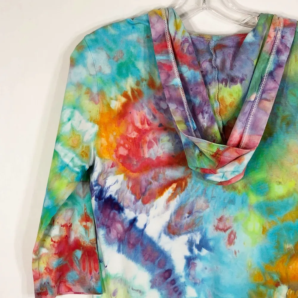 Hanes Womens Small Top Tie Dye Electric Love Hooded Blue Purple Pink Green 252 - Image 6
