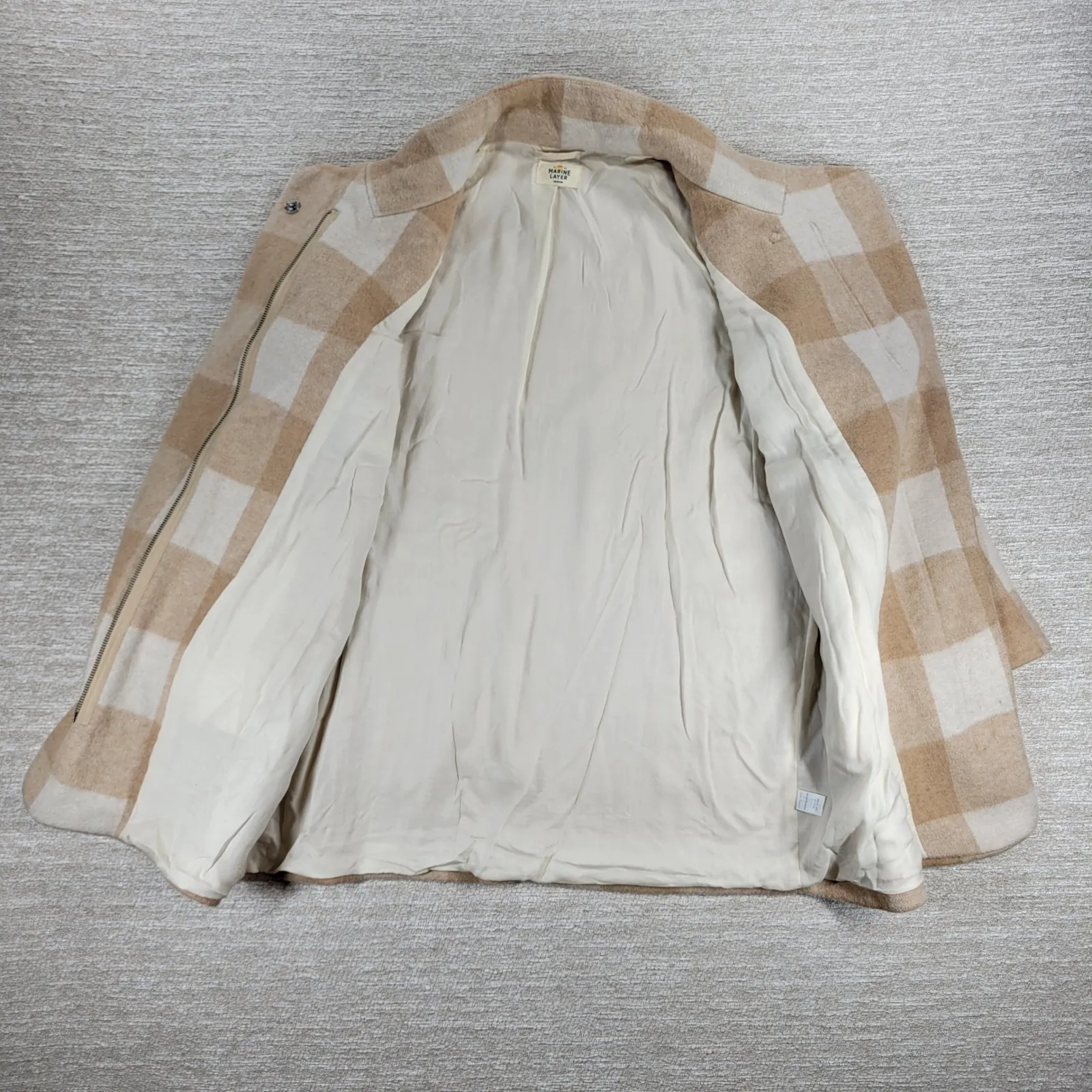 Marine Layer Wool Blend Coat Womens Med Beige Tan Plaid Check Pattern - Image 12