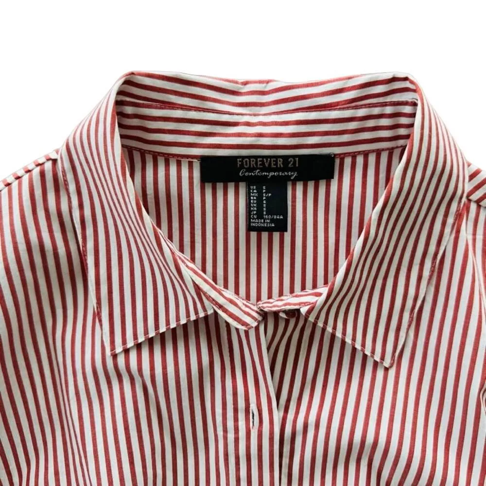 Forever 21 Contemporary Red White Shirt Dress Size Small Belted Bell Sleeve - Image 3