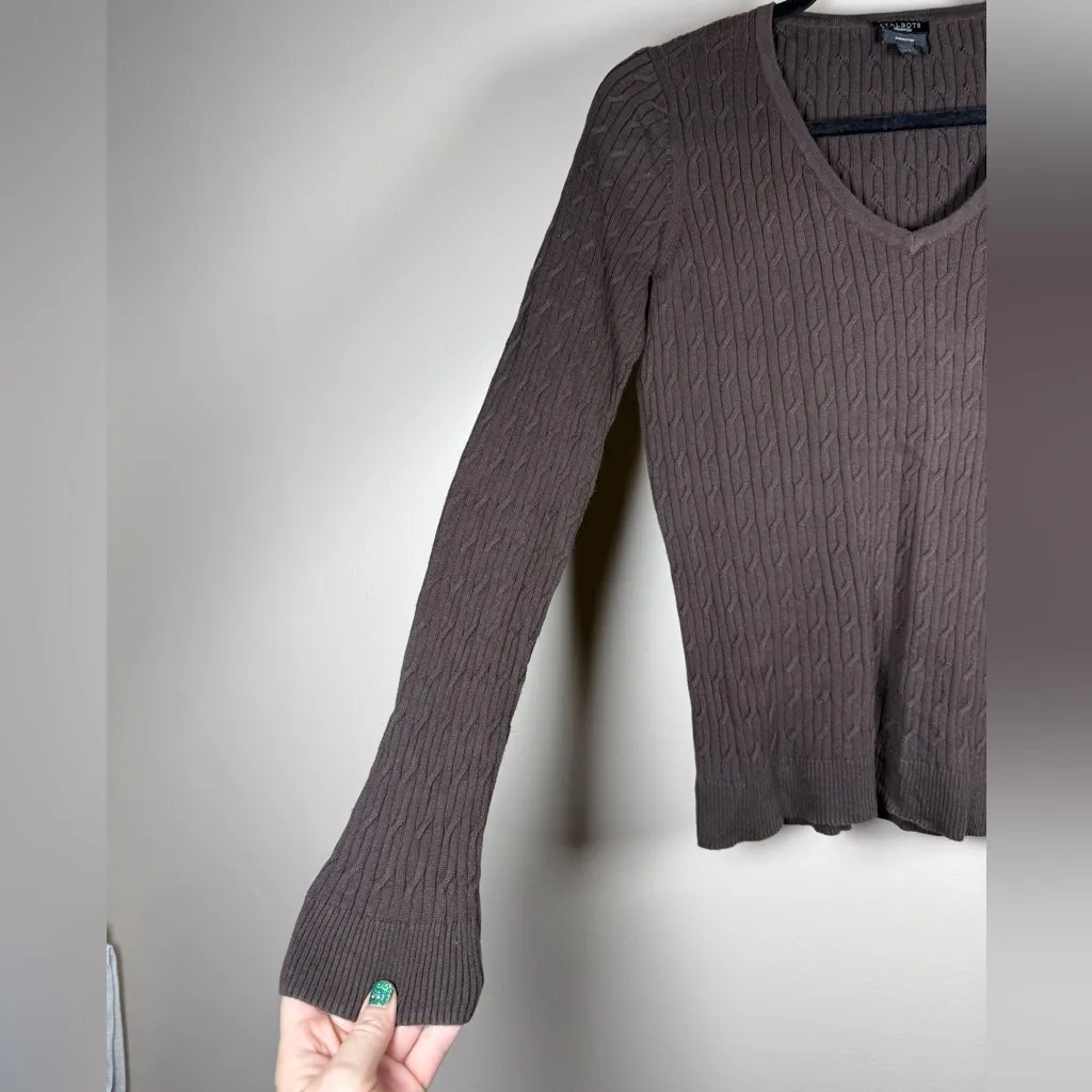 Sweater Y2K Era Brown V-Neck Women’s Cable Knit Fitted 2000s Talbots Pima Cotton - Image 5