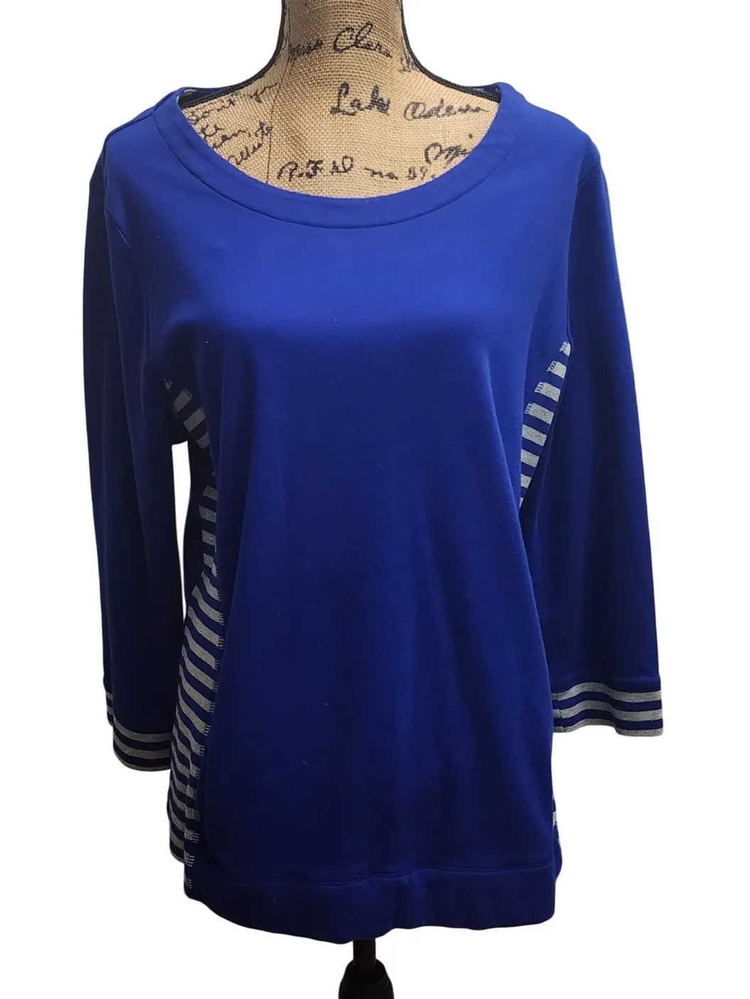 Kim Rogers Women's XL Blue 3/4 Sleeve Striped Pullover Casual Top - Image 1
