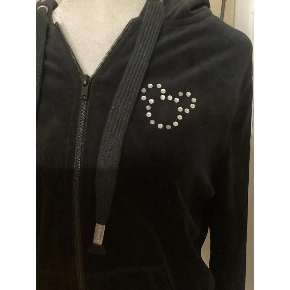 Disney Parks Jacket M Black Velour Full Zip Hooded Mickey Mouse Rhinestones Size M - Image 3