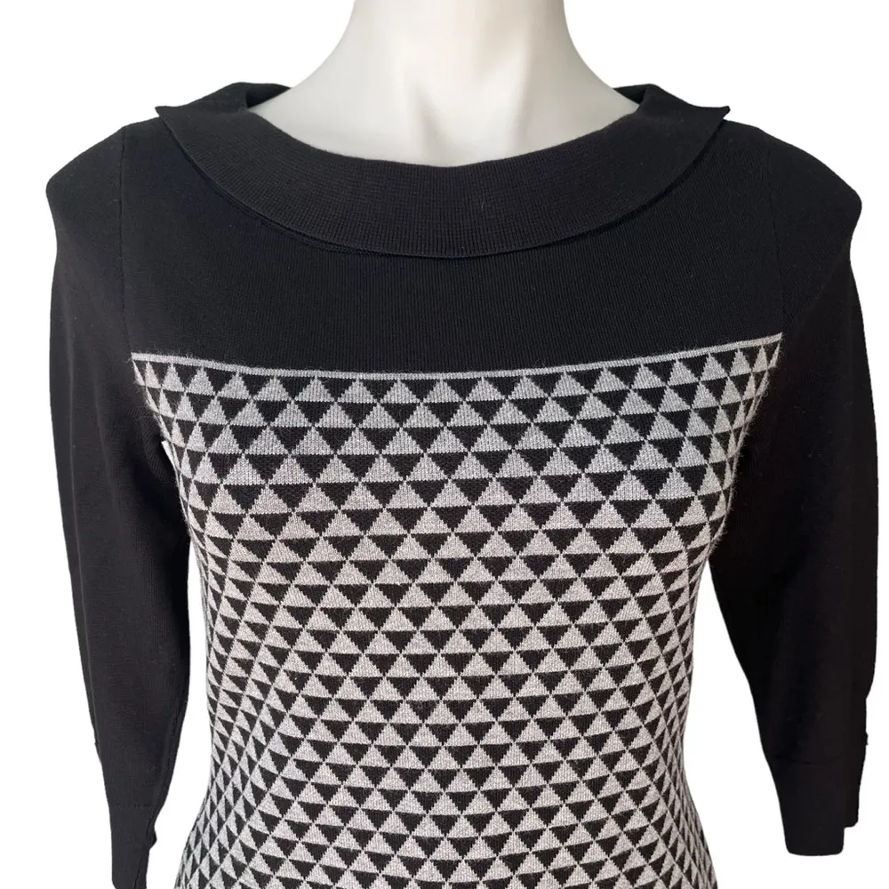 White House Black Market Geometric Knit Black Gray Sweater Mini Dress, Sz M - Image 9