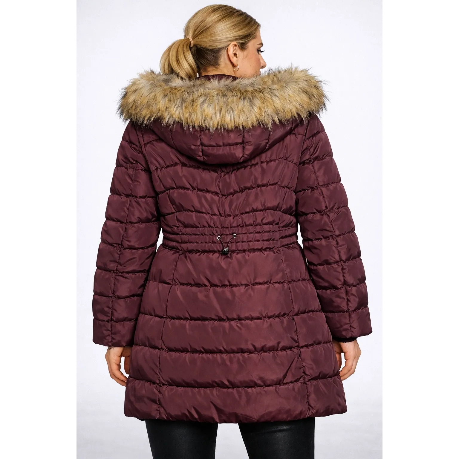 Laundry by Shelli Segal Puffer Coat Faux Fur Hood Burgundy Size Small - Image 2