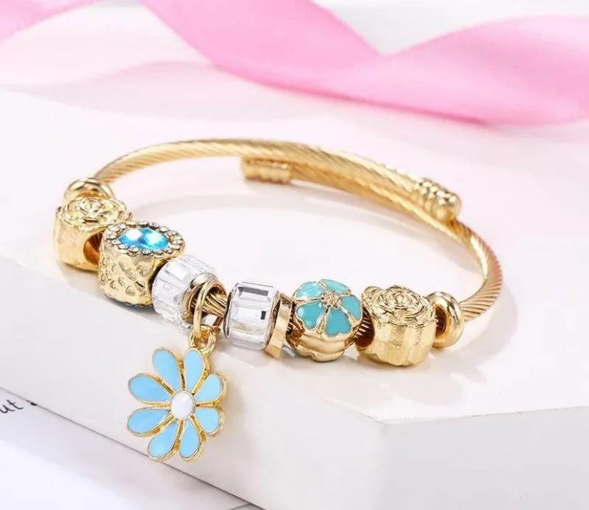 18K Gold Plated Blue Flower Charm Bracelet for Women - Image 2