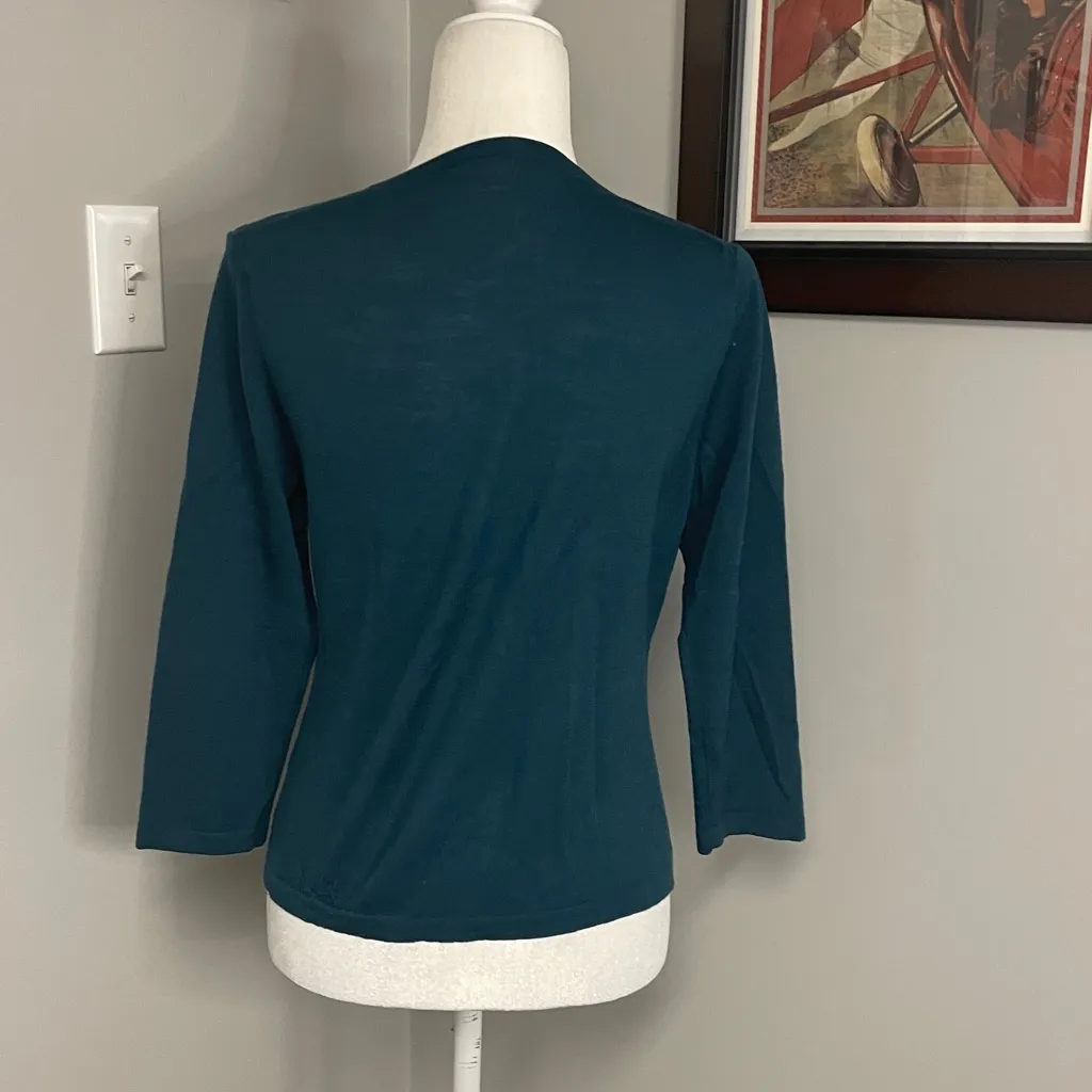 Garnet Hill 100% Merino Wool Green Teal Paisley Cardigan Sweater Long Sleeve Top - Image 3