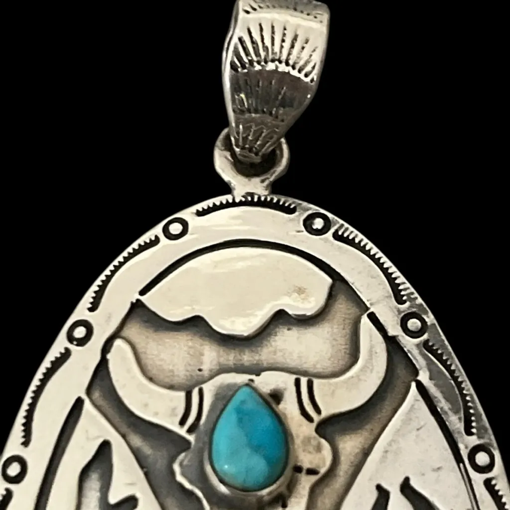 Native American Sterling Silver Turquoise Cow Skull Buffalo Pendant Intricate - Image 5