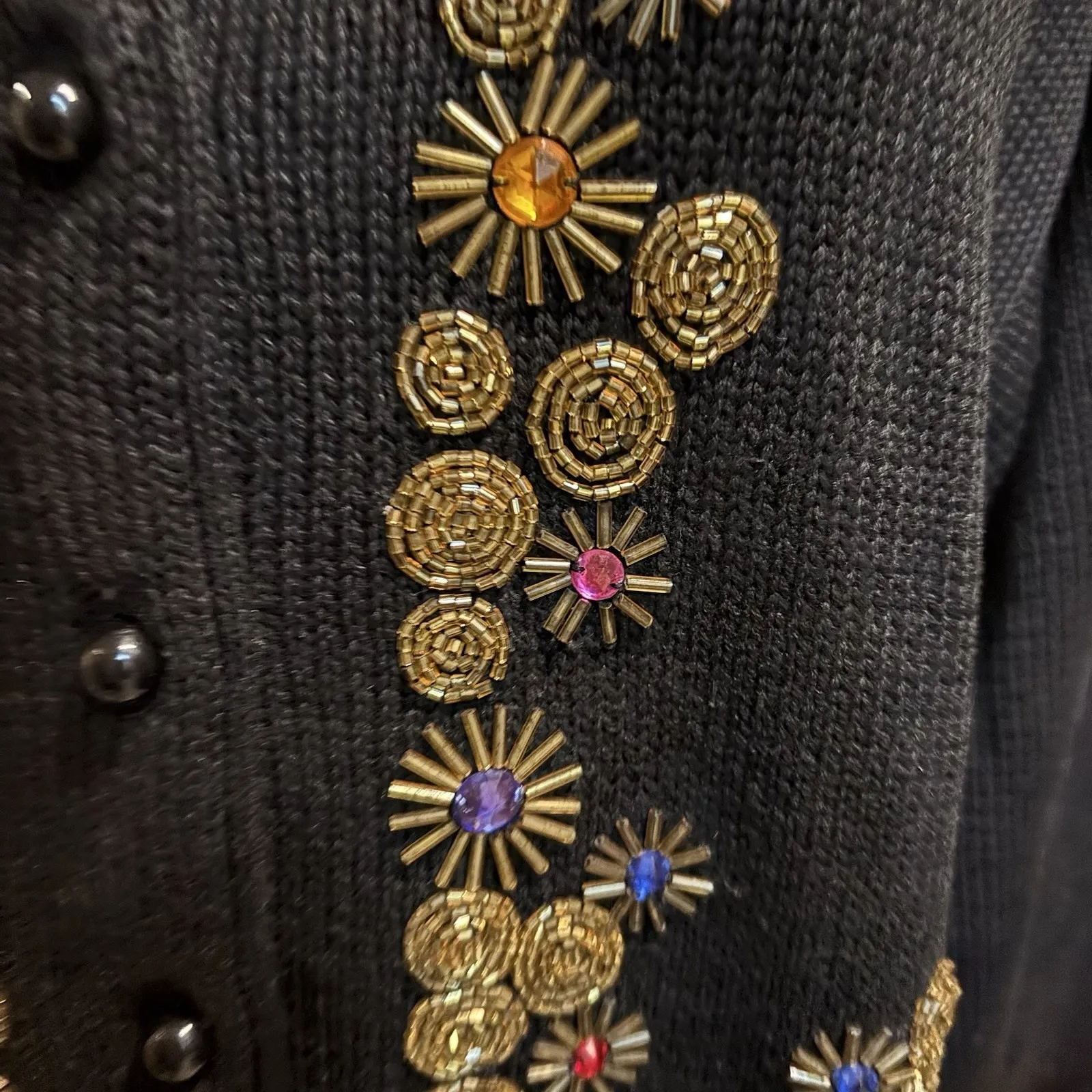 Vintage Trimmings Black‎ Beaded Jewel Cardigan M Floral Sunburst Holiday Sweater Black Size M - Image 4