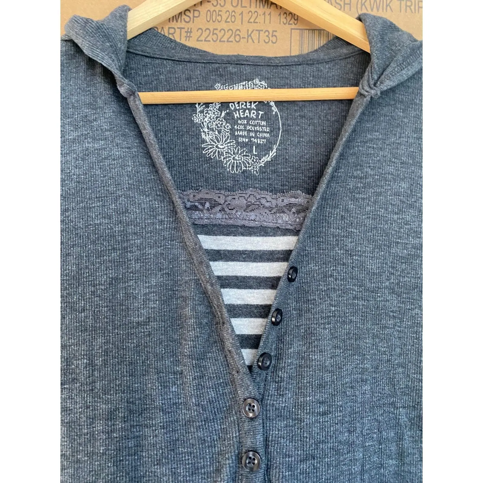 Derek Heart Y2K Rib Knit Hooded Lace Gray Henley Top Large Skater Mall Glam 2000 - Image 2