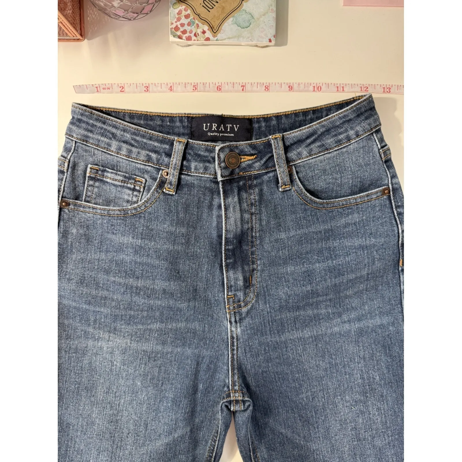 URATV Women's Blue Denim High Waisted Cuffed Straight Leg Jeans Size 28 - Image 10