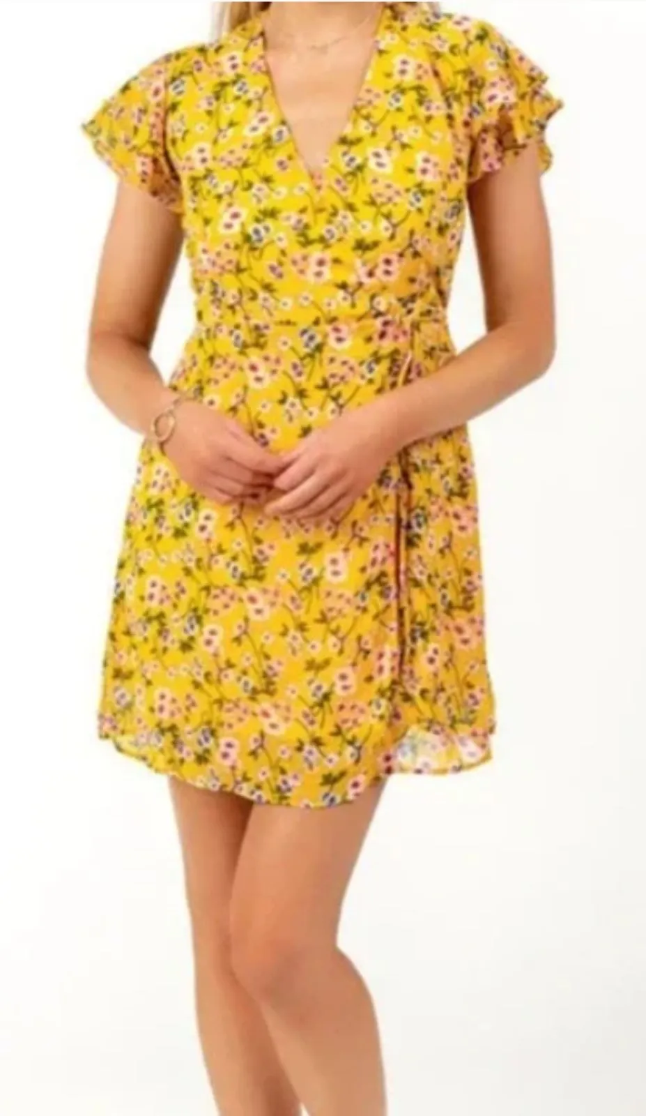 Harper Heritage Dora Yellow Floral Ruffle Mini Wrap Dress Playful Summer Chic M - Image 1