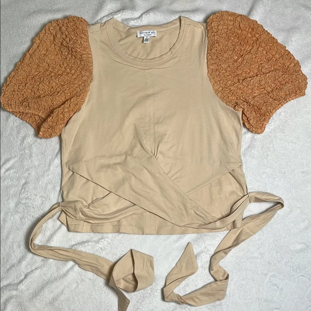Current Air Tan Puff Sleeve Tie Front Crop Top - Image 2