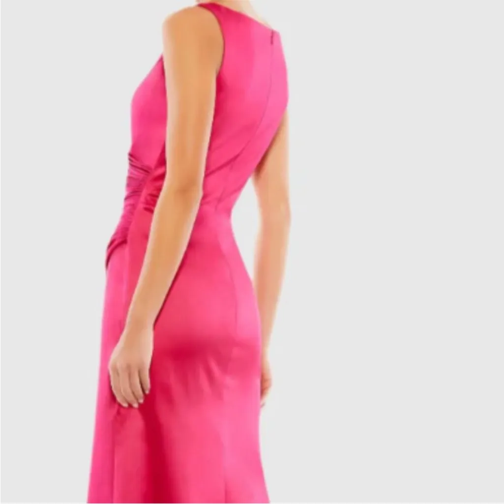 MAC DUGGAL 26625 SATIN RUCHED V-NECK FAUX WRAP LIPSTICK PINK MIDI DRESS sz 4 - Image 7